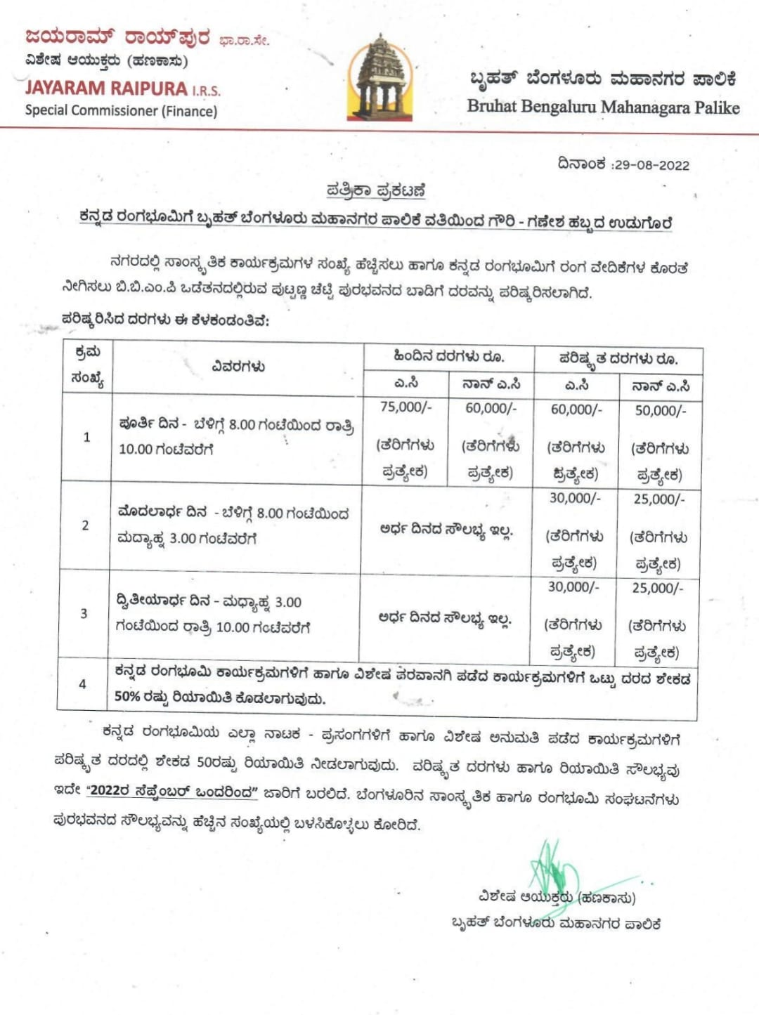 Puttanna Chetty Town Hall (Town Hall) Rent Rate Revision: Effective from September 01, 2022.