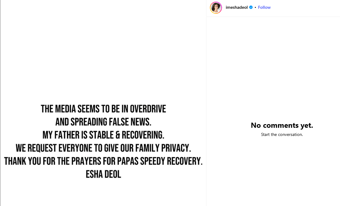 BIGG NEWS: My father is not dead, he is 'recovering', says Dharmendra's daughter Esha Deol