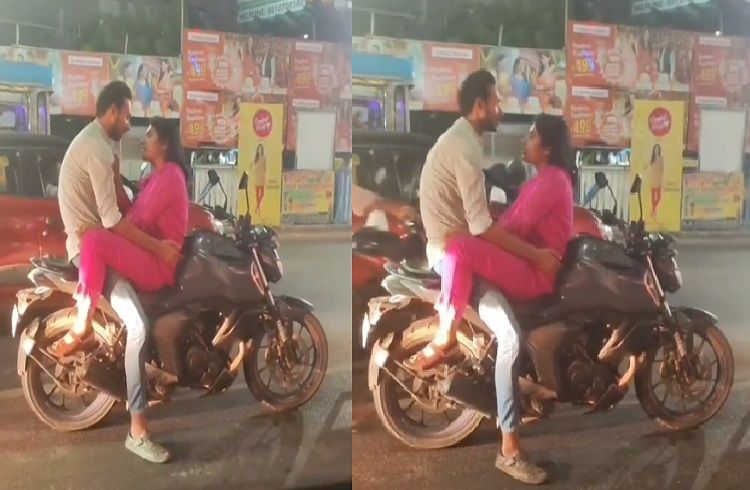 SHOCKING : ನಡು ರಸ್ತೆಯಲ್ಲೇ ಬೈಕ್ ನಲ್ಲಿ ಜೋಡಿಯಿಂದ ರೋಮ್ಯಾನ್ಸ್ : ವಿಡಿಯೋ ವೈರಲ್ | WATCH VIDEO