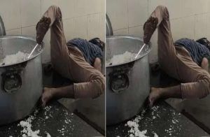 SHOCKING : ಕುಡಿದ ಮತ್ತಿನಲ್ಲಿ ಹಾಸ್ಟೆಲ್ ನ ಅನ್ನದ ಪಾತ್ರೆಯಲ್ಲಿ ಕಾಲಿಟ್ಟು ಮಲಗಿದ ಕಾವಲುಗಾರ.! ಫೋಟೋ ವೈರಲ್