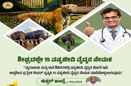 ಶೀಘ್ರದಲ್ಲೇ 15 ವನ್ಯಜೀವಿ ವೈದ್ಯರನ್ನು ನೇಮಕ: ಸಚಿವ ಈಶ್ವರ್ ಖಂಡ್ರೆ