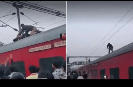 Shocking: ಚಲಿಸುವ ರೈಲಿನ ಮೇಲೇರಿ ವ್ಯಕ್ತಿಯ ಹುಚ್ಚಾಟ, 40 ನಿಮಿಷ ರೈಲು ಸಂಚಾರ ಸ್ಥಗಿತ | Watch video