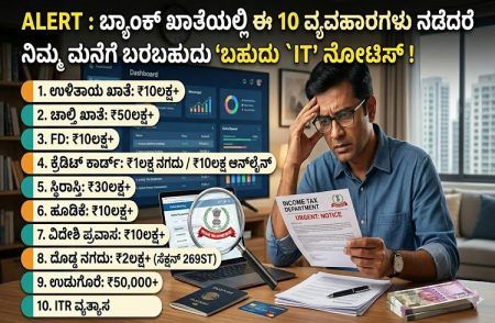 ALERT : ಬ್ಯಾಂಕ್ ಖಾತೆಯಲ್ಲಿ ಈ 10 ವ್ಯವಹಾರಗಳು ನಡೆದರೆ ನಿಮ್ಮ ಮನೆಗೆ ಬರಬಹುದು `IT’ ನೋಟಿಸ್ !
