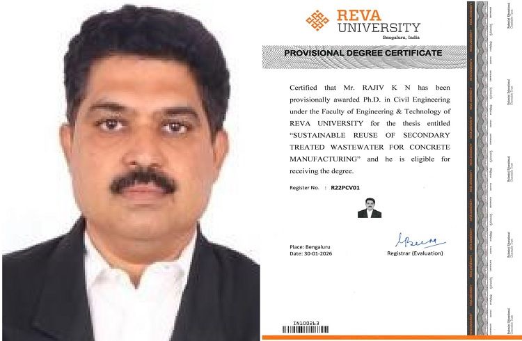 ತ್ಯಾಜ್ಯ ನೀರು ಮರುಬಳಕೆ ಕುರಿತ ಸಂಶೋಧನೆಗೆ BWSSB ಮುಖ್ಯ ಅಭಿಯಂತರರಾದ ರಾಜೀವ್ ಕೆ.ಎನ್ ಗೆ ‘ಪಿಎಚ್ಡಿ’