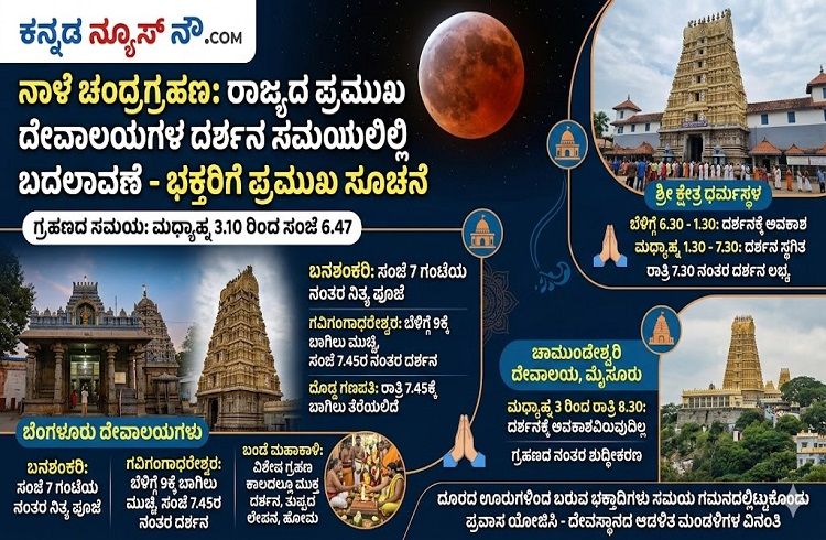 ನಾಳೆ ಚಂದ್ರಗ್ರಹಣ: ರಾಜ್ಯದ ಪ್ರಮುಖ ದೇವಾಲಯಗಳ ದರ್ಶನ ಸಮಯದಲ್ಲಿ ಬದಲಾವಣೆ – ಭಕ್ತರಿಗೆ ಪ್ರಮುಖ ಸೂಚನೆ