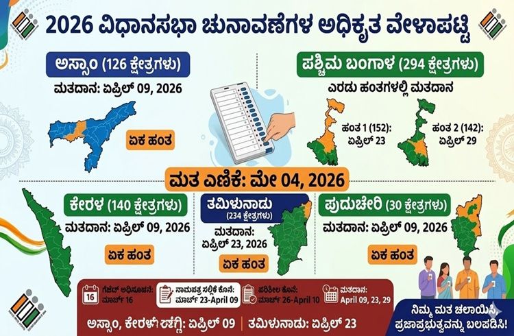 BREAKING: ತಮಿಳುನಾಡು, ಕೇರಳ, ಅಸ್ಸಾಂ, ಪಶ್ಚಿಮ ಬಂಗಾಳ, ಪುದುಚೇರಿ ವಿಧಾನಸಭಾ ಚುನಾವಣೆಗೆ ಮುಹೂರ್ತ ಫಿಕ್ಸ್: ಇಲ್ಲಿದೆ ಮಾಹಿತಿ