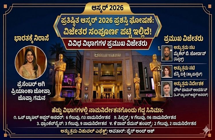 ಪ್ರತಿಷ್ಠಿತ ಆಸ್ಕರ್ 2026 ಪ್ರಶಸ್ತಿ ಘೋಷಣೆ: ವಿಜೇತರ ಸಂಪೂರ್ಣ ಪಟ್ಟಿ ಇಲ್ಲಿದೆ!