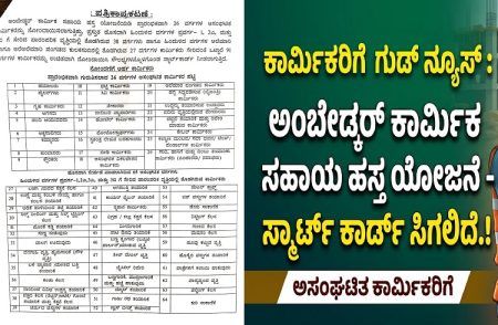 ಕಾರ್ಮಿಕರಿಗೆ ಗುಡ್ ನ್ಯೂಸ್ : ಅಂಬೇಡ್ಕರ್ ಕಾರ್ಮಿಕ ಸಹಾಯ ಹಸ್ತ ಯೋಜನೆಯಡಿ ಅಸಂಘಟಿತ ಕಾರ್ಮಿಕರಿಗೆ ಸಿಗಲಿದೆ ಸ್ಮಾರ್ಟ್ ಕಾರ್ಡ್.!