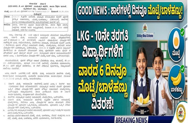 GOOD NEWS : ರಾಜ್ಯದ `LKG-10ನೇ ತರಗತಿ’ ವಿದ್ಯಾರ್ಥಿಗಳಿಗೆ ಗುಡ್ ನ್ಯೂಸ್ : ವಾರದ 6 ದಿನವೂ ಮೊಟ್ಟೆ/ಬಾಳೆಹಣ್ಣು ವಿತರಣೆಗೆ ಶಿಕ್ಷಣ ಇಲಾಖೆ ಆದೇಶ
