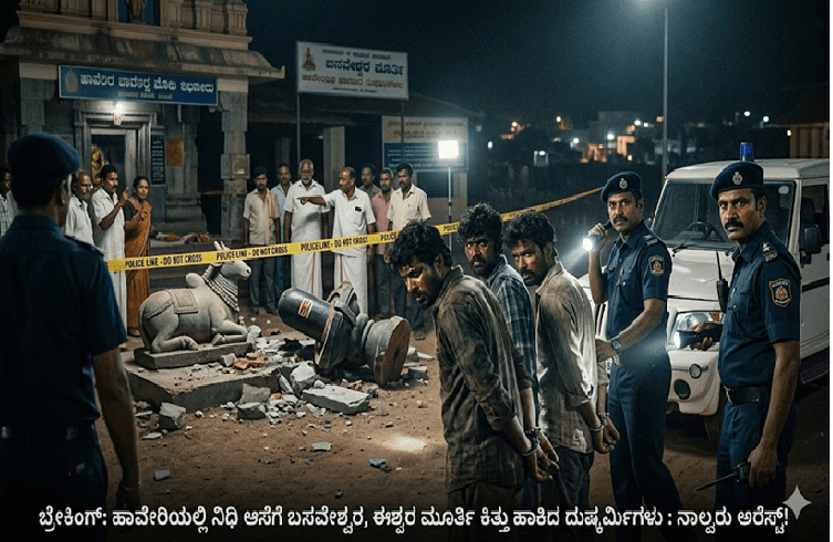 BREAKING : ಹಾವೇರಿಯಲ್ಲಿ ನಿಧಿ ಆಸೆಗೆ ಬಸವೇಶ್ವರ, ಈಶ್ವರ ಮೂರ್ತಿ ಕಿತ್ತು ಹಾಕಿದ ದುಷ್ಕರ್ಮಿಗಳು : ನಾಲ್ವರು ಅರೆಸ್ಟ್!