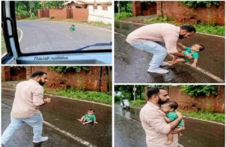 SHOCKING : ತೆವಳುತ್ತಾ ಬಂದು ನಡುರಸ್ತೆಯಲ್ಲಿ ಕುಳಿತ ಮಗು : ದೇವರಂತೆ ಬಂದು ರಕ್ಷಿಸಿದ ಬಸ್ ಡ್ರೈವರ್ | WATCH VIDEO