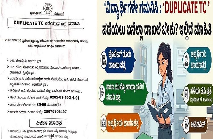 ರಾಜ್ಯದ ವಿದ್ಯಾರ್ಥಿಗಳೇ ಗಮನಿಸಿ : ‘DUPLICATE TC ’ ಪಡೆಯಲು ಏನೆಲ್ಲಾ ದಾಖಲೆ ಬೇಕು? ಇಲ್ಲಿದೆ ಮಾಹಿತಿ